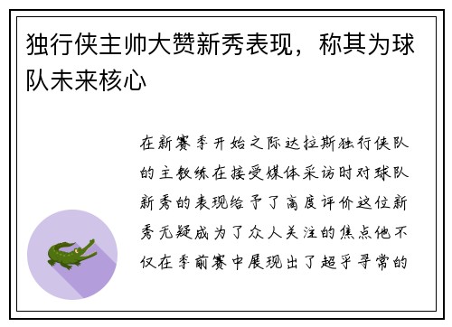 独行侠主帅大赞新秀表现，称其为球队未来核心