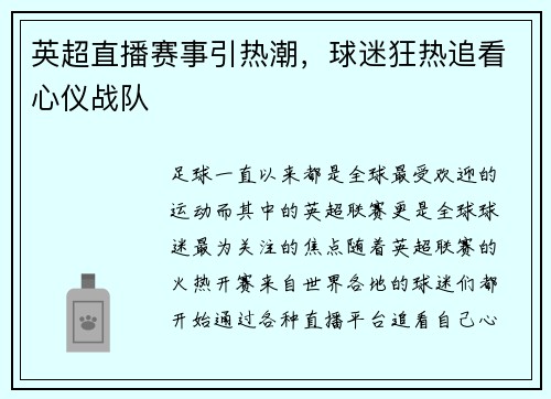 英超直播赛事引热潮，球迷狂热追看心仪战队